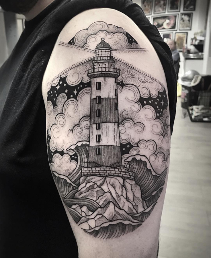 Illustrative black and grey tattoo by Susanne König aka Suflanda